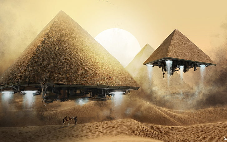 brown pyramid wallpaper, desert, fantasy art, Egypt, camels, sand, HD wallpaper