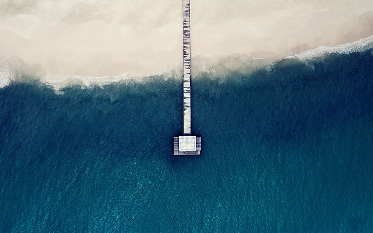 body of water, sand, beach, sea, aerial view, pier, blue, Maldives, HD wallpaper