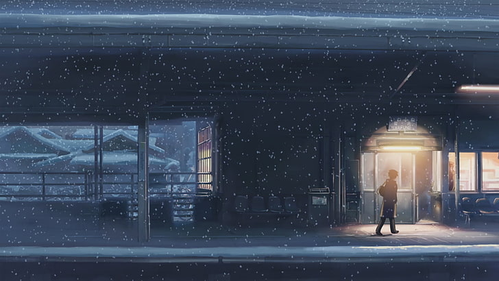 gray house, person walking below snow, 5 Centimeters Per Second