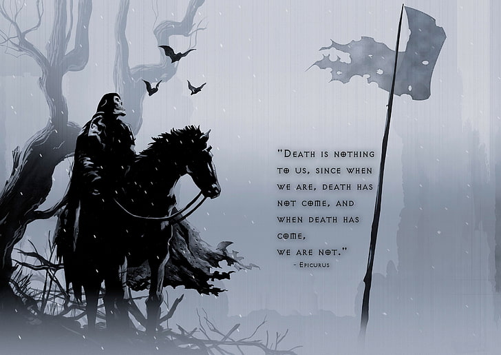 man riding horse wallpaper, quote, flag, death, trees, bats, philosophy