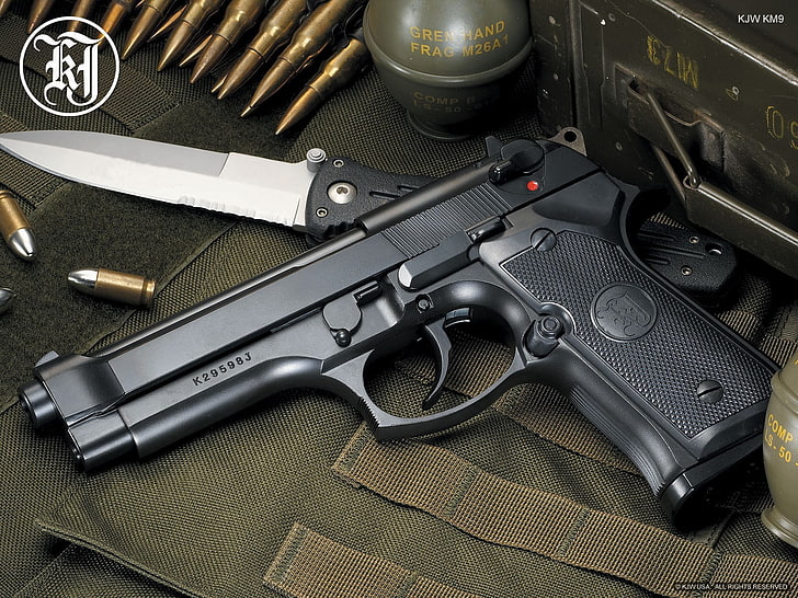 black semi-automatic pistol, gun, knife, ammunition, Beretta