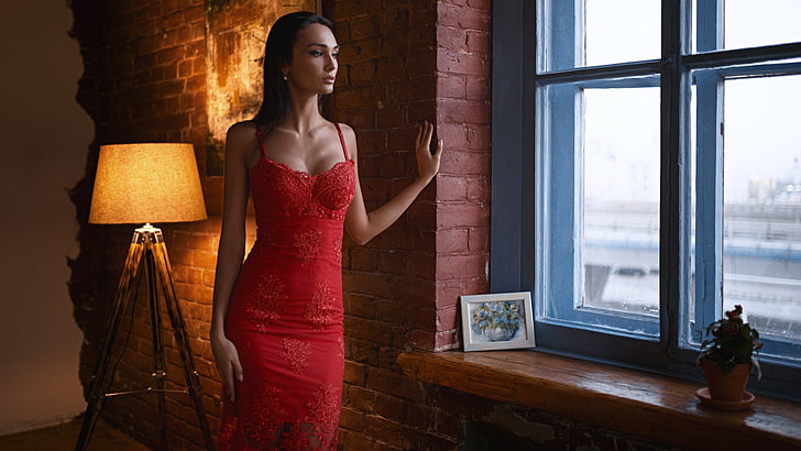 women's spaghetti strap dress, Sergey Zhirnov, red dress, window, HD wallpaper