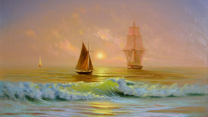 three sailboats at the ocean painting, waves, sea, ship, water, HD wallpaper
