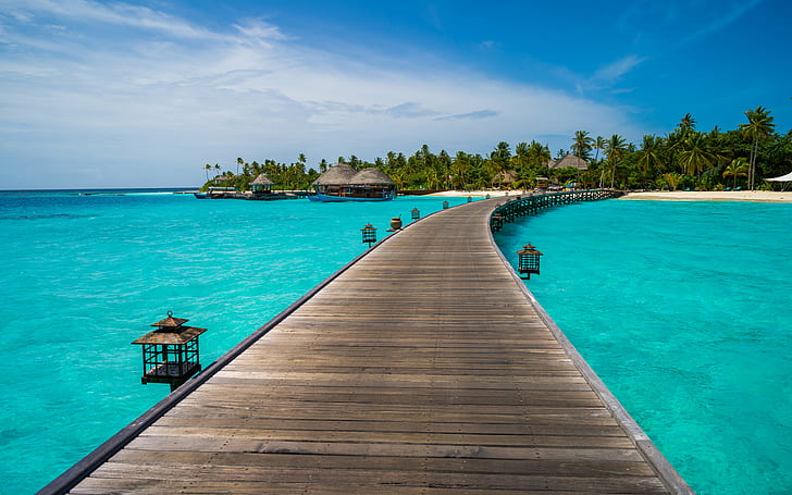 brown wooden bridge dock photography between sea, maldives, constance, maldives, constance, HD wallpaper