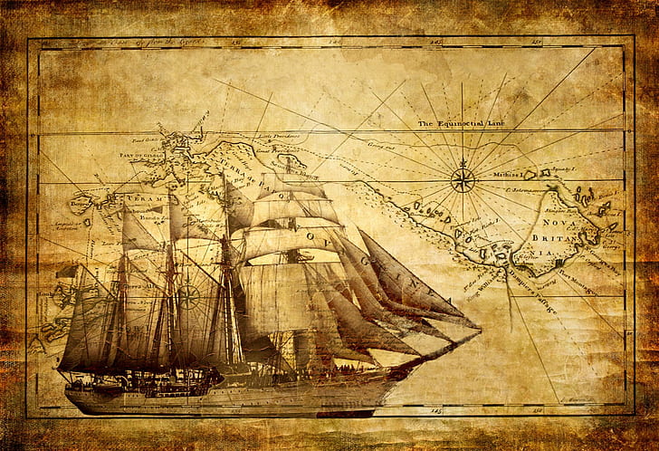 ship, old paper, sea, Papua New Guinea, sailing ship, map, vintage, HD wallpaper