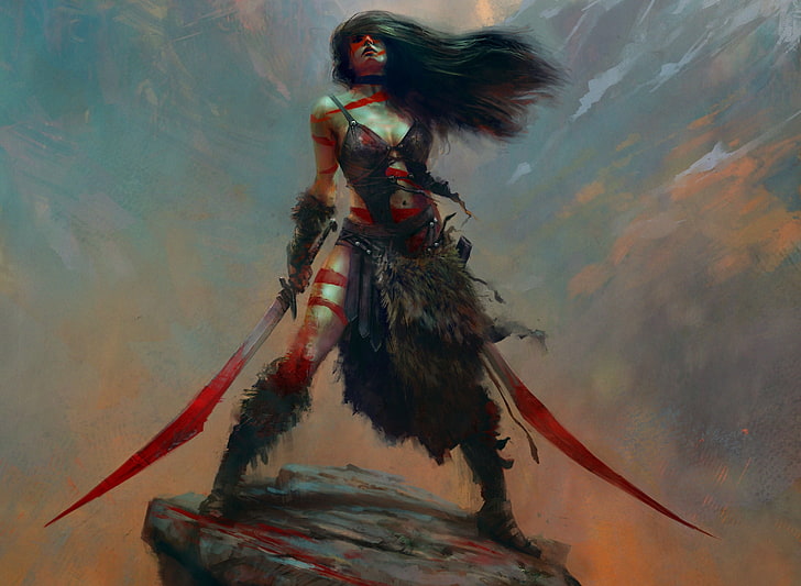 female character holding two swords painting, artwork, fantasy art