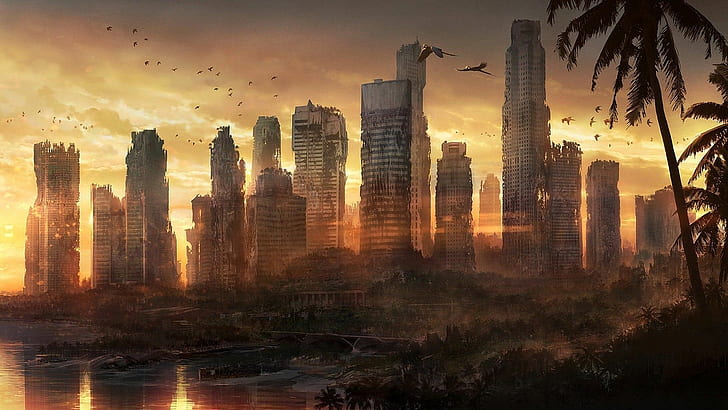 Post Apocalyptics Cityscapes HD, green palm tree and buildings, HD wallpaper