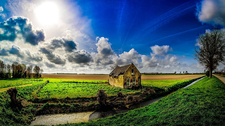yellow and green concrete house, clouds, sky, Sun, landscape, HD wallpaper