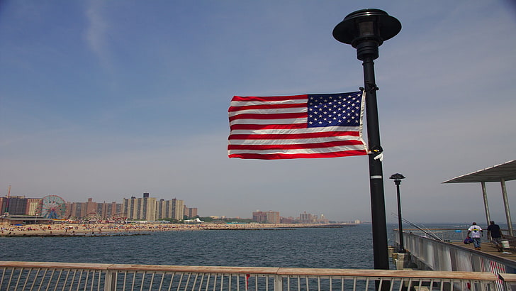 flag, American flag, architecture, patriotism, city, sky, built structure