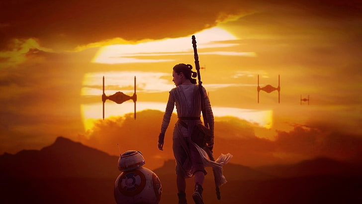 silhouette of character digital wallpaper, Star Wars, Rey, BB-8