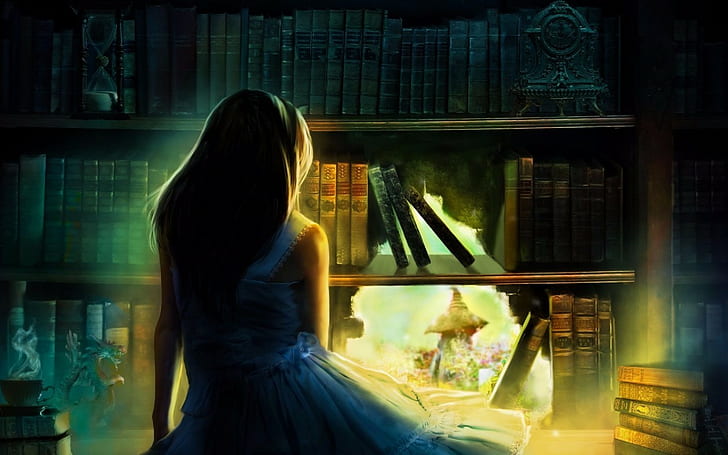 women long hair sitting digital art fantasy art white dress rear view books shelves hourglasses fairy tale dragon lights clocks