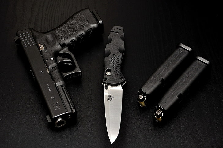 silver and black folding knife, gun, weapons, table, cartridges, HD wallpaper