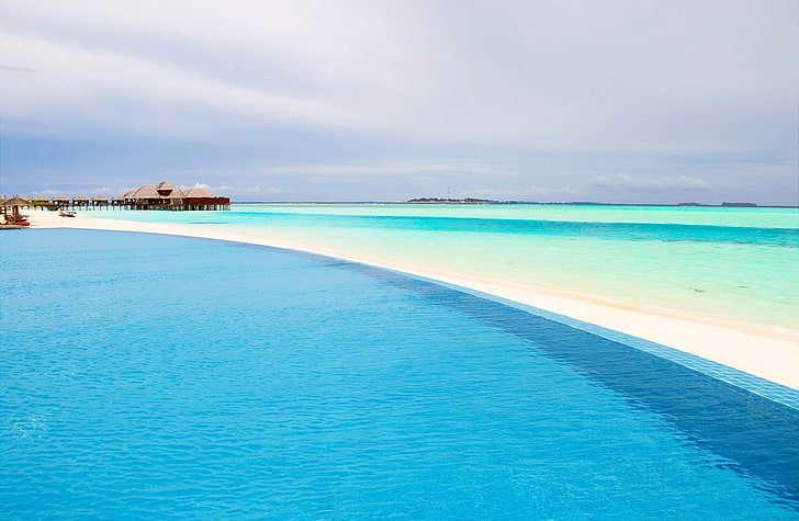 Infinity Pool, Maldives HD Wallpaper, blue beach, Travel, Islands