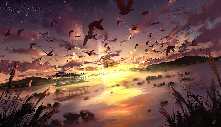flock of birds and body of water illustration, clouds, sunset
