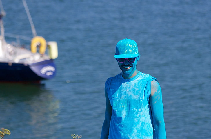 blue, color, colour, man, person, smurf, water, looking at camera