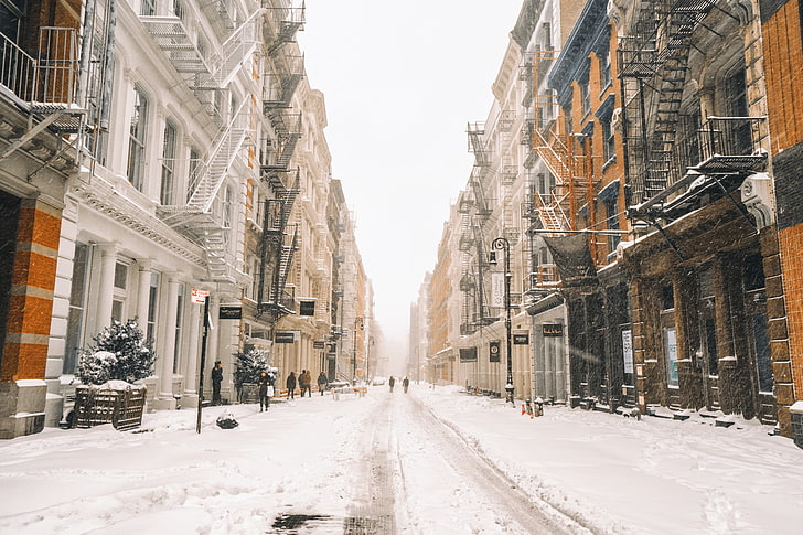 white concrete building, New York, winter, snow, architecture