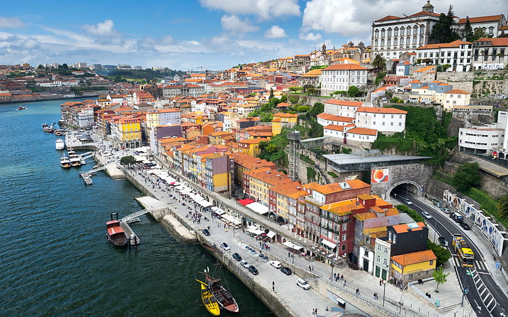 boat, city, river, building, road, cityscape, Portugal, Porto