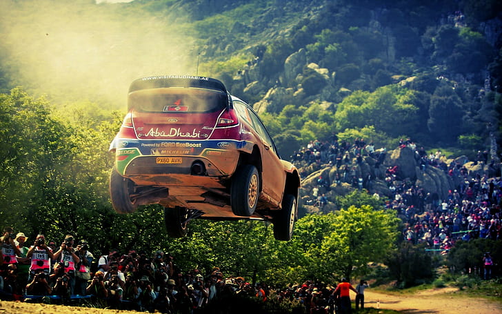 Ford, rally cars, airborne, crowds, HD wallpaper