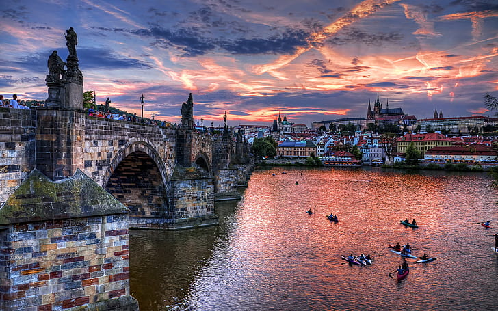 Czech, Prague, city, bridge, river, evening, houses, clouds