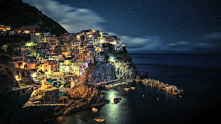 Villages, Cinque Terre, Coast, City, Lights, Night, Houses, city skyline painting