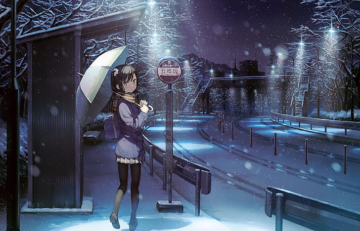 Anime, Original, Bag, Bridge, Brown Hair, Bus Stop, Girl, Night
