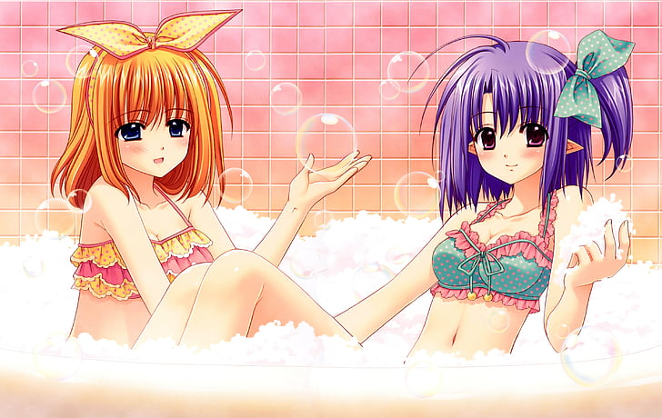aoi, bath, bathtub, bikini, cleavage, daisy, fuyou, girls, hair, HD wallpaper