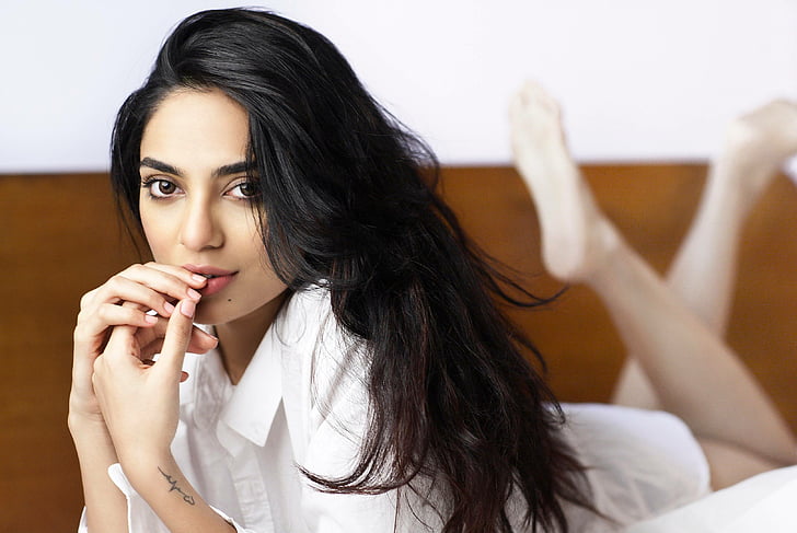 woman in white collared shirt laying on bed, Sobhita Dhulipala