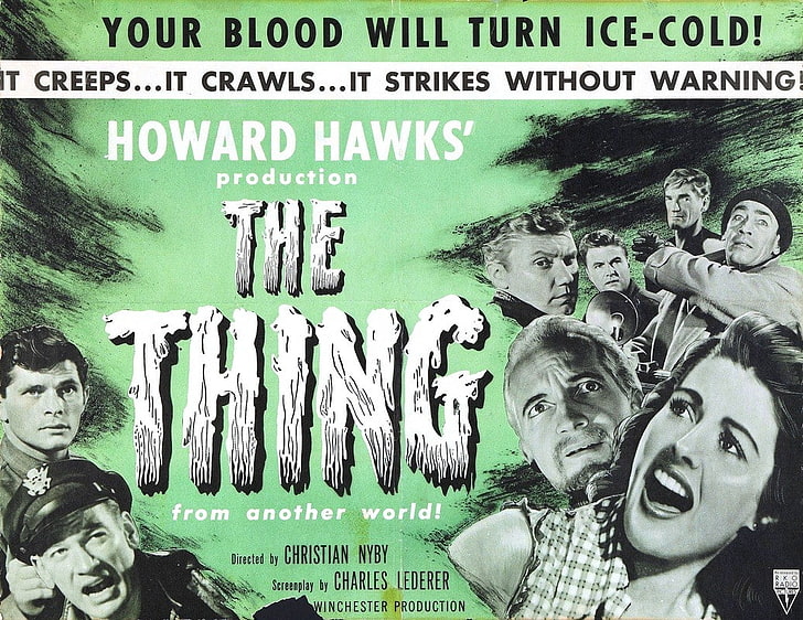 Film posters, B movies, The Thing, human representation, text
