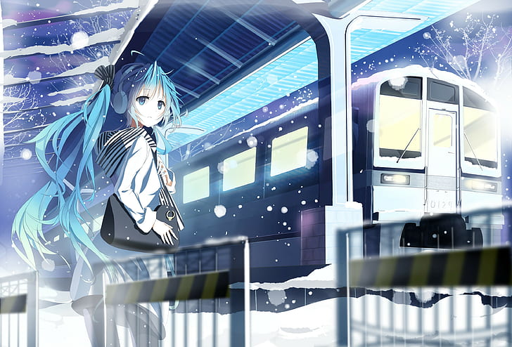 snow, train station, winter, anime girls, HD wallpaper