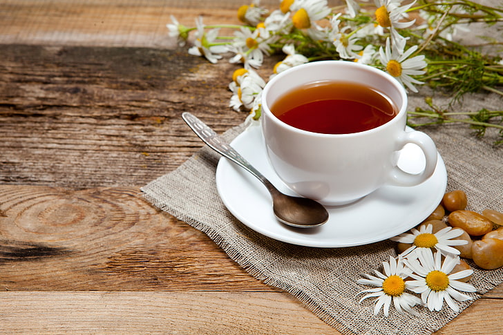 white ceramic teacup, chamomile, mug, drink, spoon, saucer, food and drink