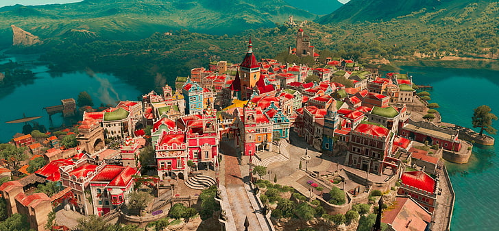 town near mountain and sea, video games, panorama, The Witcher 3: Wild Hunt, HD wallpaper