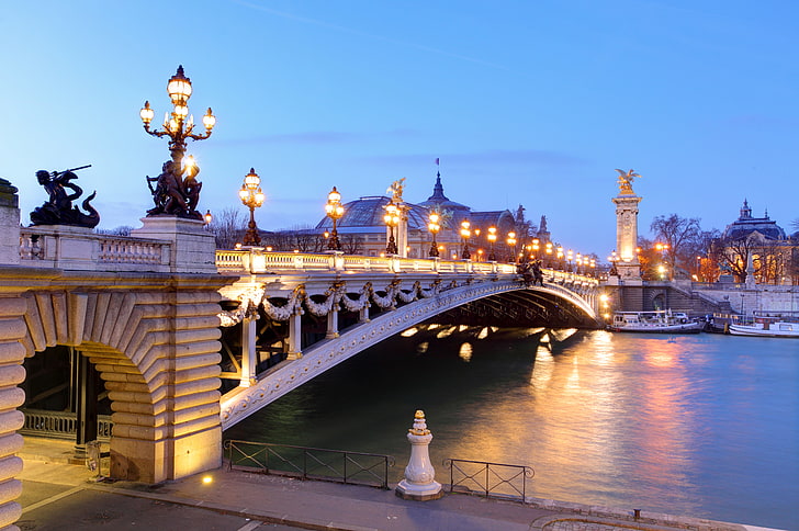 bridge, river, France, Paris, morning, lights, boats, Palace, HD wallpaper