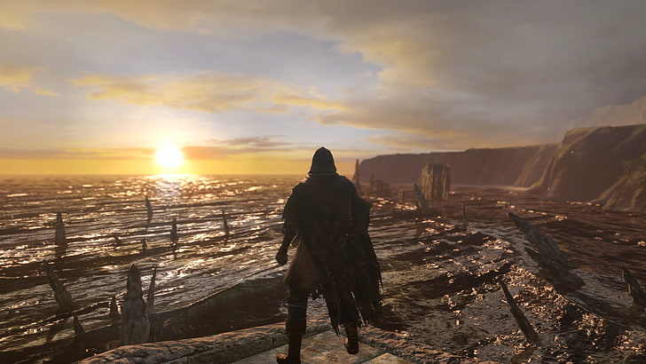 Dark Souls II, Majula, mountain, Ruin, sea, sunset, undead