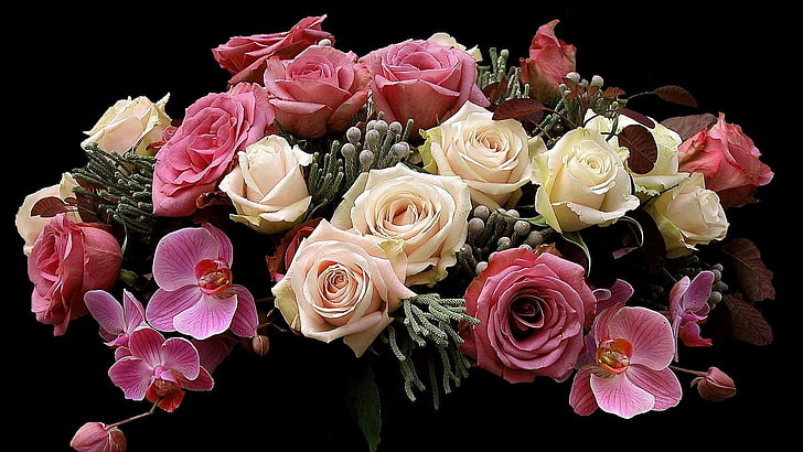 white and pink rose flowers and pink moth orchids bouquet, roses, HD wallpaper