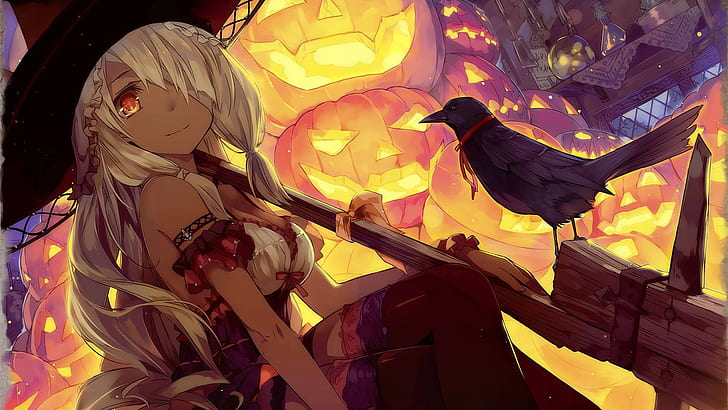 Halloween, anime, fan art, Jack O' Lantern, pumpkin, crow, witch hat