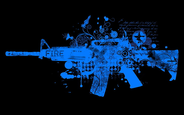 blue rifle illustration, gun, pattern, indoors, no people, night