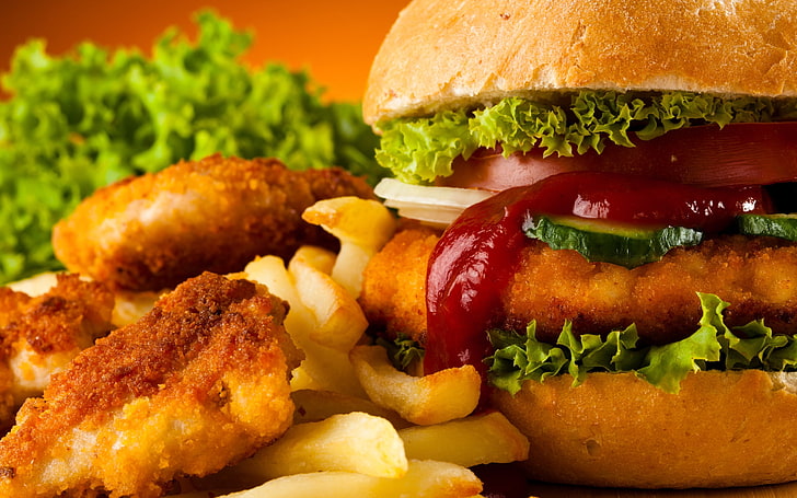 burger, cheeseburger, fries, meat, food, lettuce, meal, hamburger, HD wallpaper