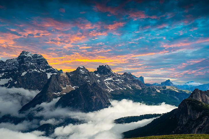 mountain range covered in clouds, Three Peaks, Tre Cime di Lavaredo, HD wallpaper