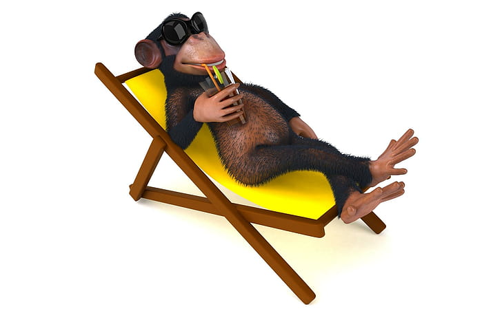 Monkey On Vacation, relax, drink, summer, 3d and abstract