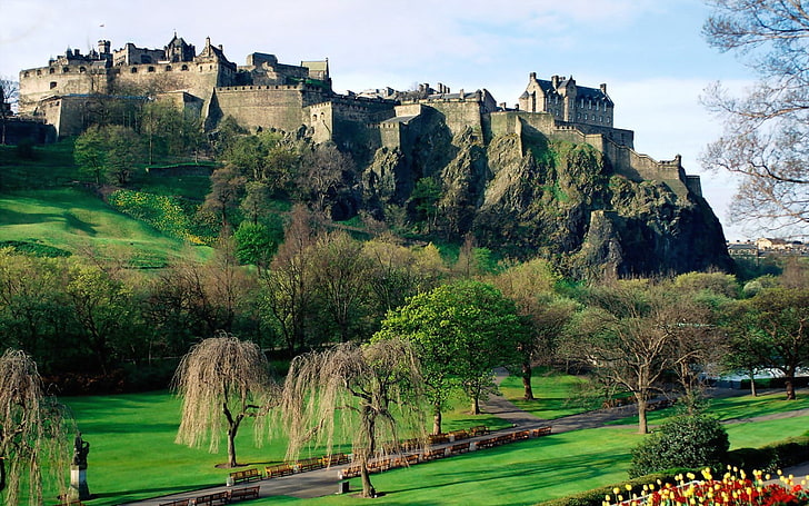 concrete castle, scotland, hills, grass, nature, landscape, fort