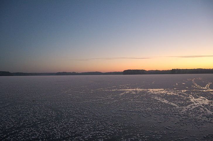 gray body of water, winter, evening, sunset, lake, tranquility