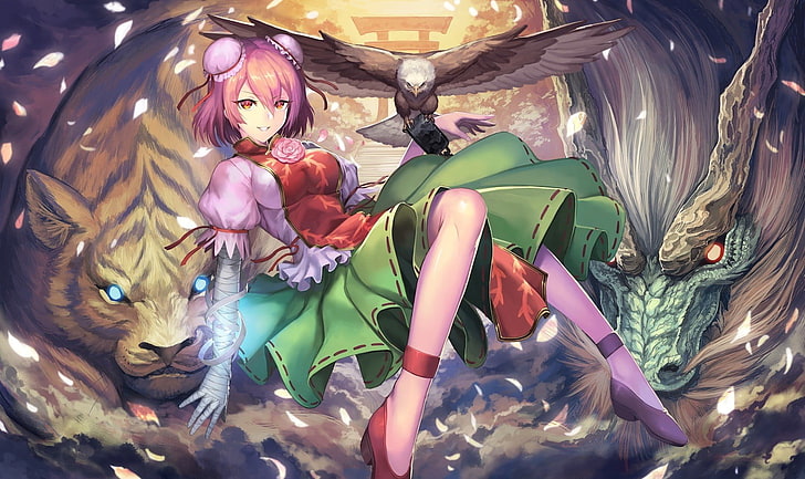 pink haired female anime character illustration, animals, bandage, HD wallpaper