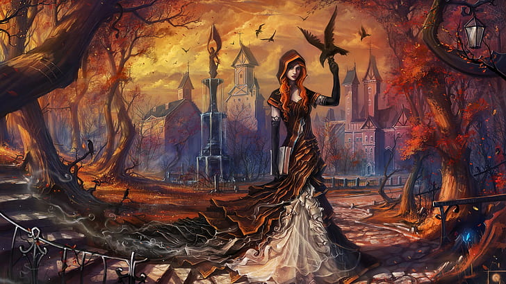 Art fantasy girl, autumn, trees, birds, crows, city, lamp, HD wallpaper