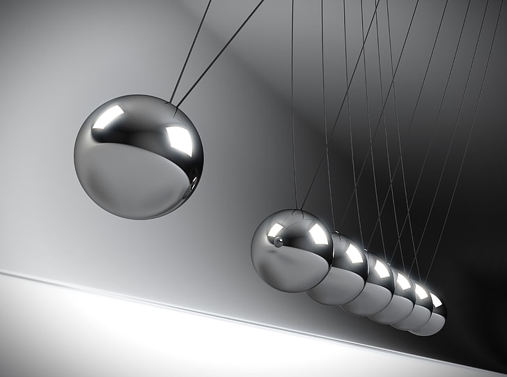 Newton s Pendulum, Artistic, 3D, Motion, Balls, Metal, blackandwhite