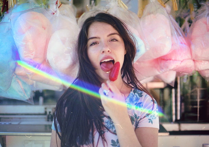 women, brunette, cotton candy, looking at viewer, eating, popsicle