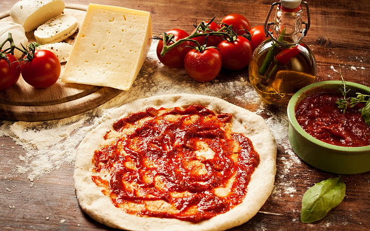 tomato pizza, dough, sauce, cheese, tomatoes, oil, food and drink