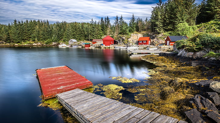 forest, trees, lake, stones, shore, boats, pier, Norway, houses