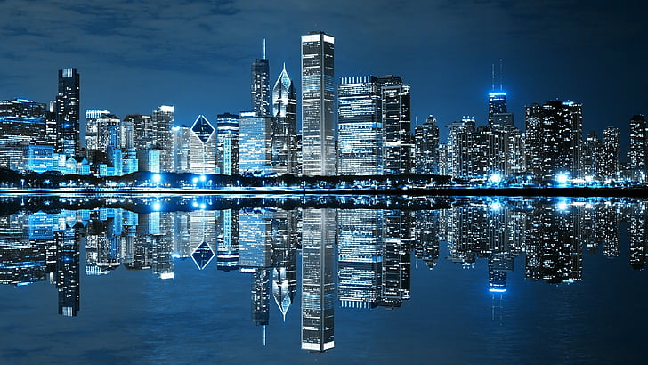 metropolis, chicago, downtown, sky, tower block, night, landmark, HD wallpaper
