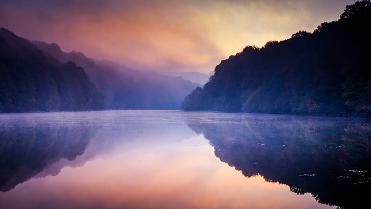 photo of lake between trees, landscape, nature, mist, reflection