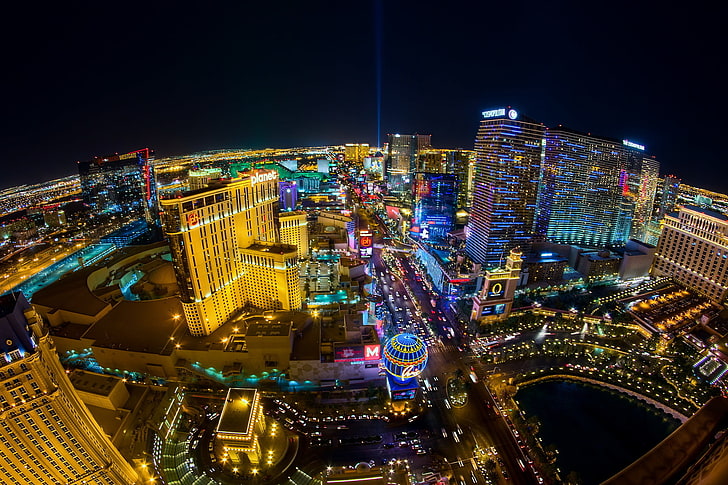 aerial photo of Las Vegas, night, lights, USA, horizon, road.